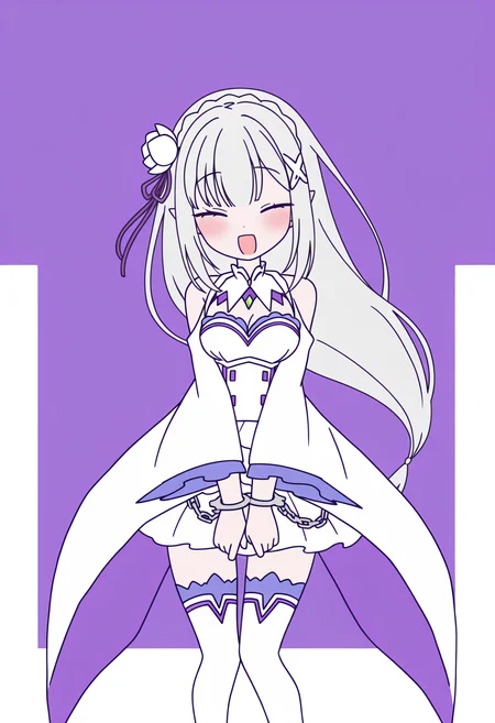 masterpiece, best quality, high resolution, source_anime, highly detailed illustration, detailed eyes,
very aesthetic, absurdres, newest, amazing quality,
<lora:shiRabbitHoleStyleConceptV1ill:1>, shirbtlestyle, from behind,
simple background, standing, closed eyes, feet out of frame, own hands together, facing viewer, two-tone background, purple background, v arms, handcuffs, open mouth, blush, ;d, smile,
multicolored hair, dot nose, v arms, two-sided fabric, flat color,
1girl, solo,
<lora:shiEmiliaV12ill:1> shimilia, long hair, grey hair, pointy ears, crown braid, hair flower, hair ribbon, purple ribbon, x hair ornament, white dress, cleavage, bare shoulders, wide sleeves, white thighhighs, thigh boots,