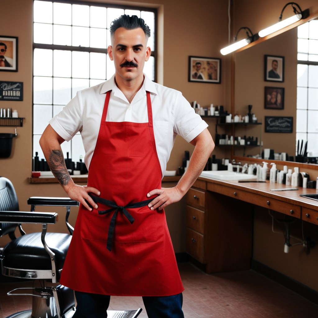 Mario, Italian barber, red apron, standing in barbershop, hands on hips, looking at camera, natural light, realistic photograph