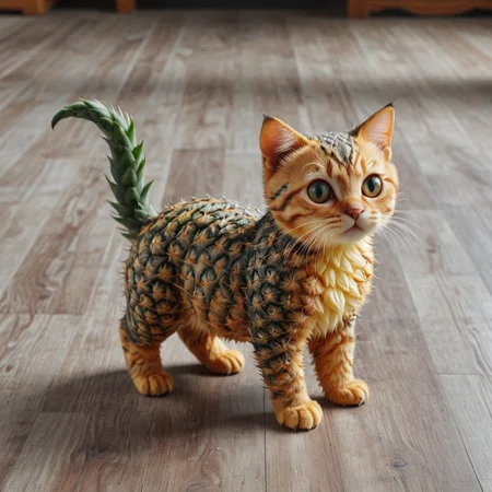 cute cat is walking on the floor
photography, Natural geographic photo, Hyper-realistic, 16k resolution, (masterpiece, award winning artwork), many details, extreme detailed, full of details, Wide range of colors, high Dynamic,
<lora:PineappleMorph-SDXL-V0.1:1> pineapple
