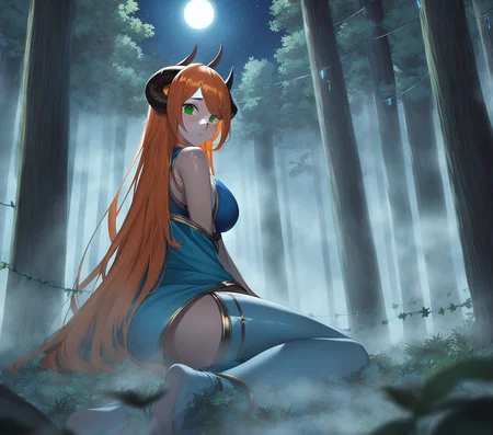 woman, decorated horns, long robes, fog, long curly hair, freckles, solo, masterpiece, reflective, depth of field, caustics, night, forest, leaves, moonlight, eyes, orange hair, green eyes, vines, blue flame