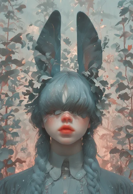 (Score_9:1.1), score_8_up, score_7_up,
(limited lighting, high contrast, laser beams, highres, closed_mouth:1.4, absurdres) 
Fl0ralD0lls 
solo, bunny ears, human woman, curious, (ferns:1.3), realistic, focus on face, hime cut, pacific blue hair, ((hair over eyes)),((hair in very long braid)), big lips, full lips, glossy lips, matte skin, matte colours