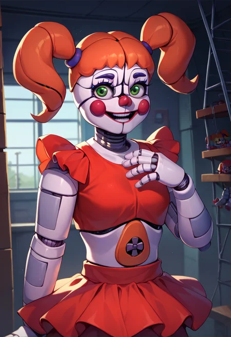 score_9, score_8_up, score_7_up, score_6_up, 1girl, (solo), <lora:CircusBabyXL:1> circus baby, robot, android, mecha, no humans, joints, crop top, skirt, frills, red hair, twintails, green eyes, smile, looking at you, underground bunker, warehouse, midnight