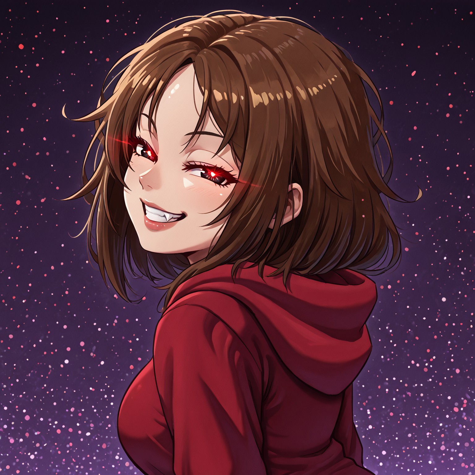 bbw,score_9,score_8_up,score_7_up,score_6_up, ultra-detailed,masterpiece, best quality, good quality, newest,anime,highres,high detail,, 
beautiful,vampire,medium breasts,detailed background, vivid colors, detailed lips,, 
from behind view, tilted head, looking at viewer, close-up,face close-up, arched back, bright eyes, glowing eyes, wide open grin, tongue out, evil smile, hoodie,, 
brown hair,messy hair,lips,(detailed eyes),dark eyelids,slanted eyes,half-closed eyes,black eyes, nobility,noble,, 
<lora:Kevab:0.4>,jlullaby,shiny skin,<lora:Lunas-JLullaby-SDXL-A3:1>, mrscrambled,Greatestgori style, greatestgori style-pxl,<lora:MusouzukiXL:0.4>