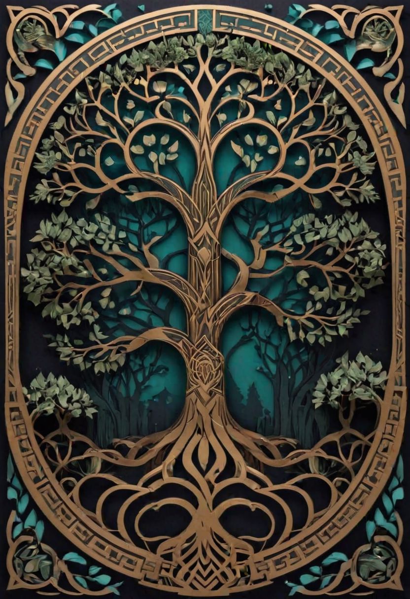 3D papercut shadow box of celtic tree of life, Yggdrasil, flat black synthetic, spine is visible, eerie dark twilight adding to the atmosphere, showcasing unique blend of organic and artificial elements, contrasting colors and textures emphasizing the tension between the natural and artificial um components, physically unbiased rendering, blend of organic and mechanical elements, futuristic, cybernetic, detailed, intricate, Layered, dimensional, depth, silhouette, shadow, papercut, handmade, high contrast