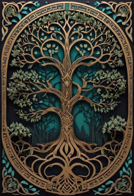 3D papercut shadow box of celtic tree of life, Yggdrasil, flat black synthetic, spine is visible, eerie dark twilight adding to the atmosphere, showcasing unique blend of organic and artificial elements, contrasting colors and textures emphasizing the tension between the natural and artificial um components, physically unbiased rendering, blend of organic and mechanical elements, futuristic, cybernetic, detailed, intricate, Layered, dimensional, depth, silhouette, shadow, papercut, handmade, high contrast