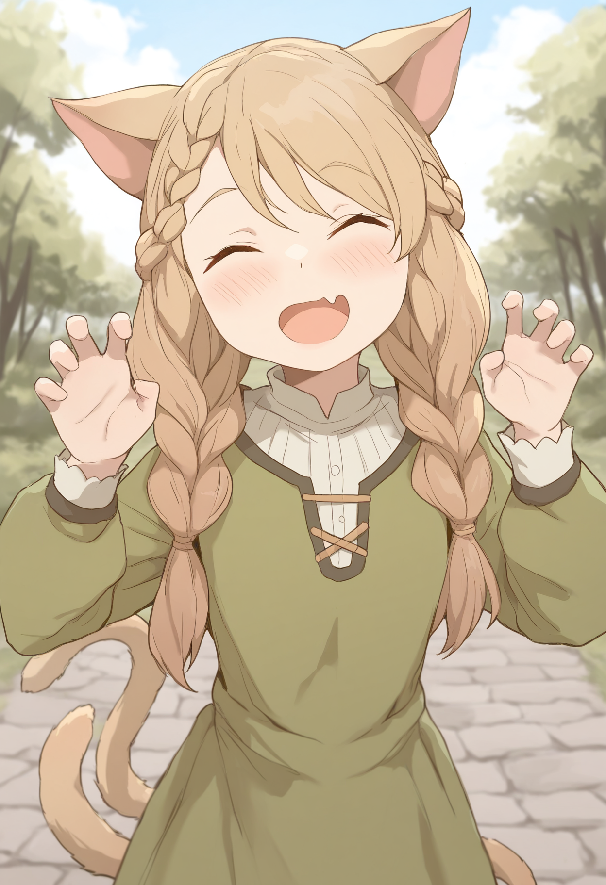 masterpiece,best quality,amazing quality,
animal ears, tail, cat ears, cat tail, closed eyes, 1girl, solo, fang, green dress, smile, dress, long sleeves, open mouth, sketch, braid, long hair, brown hair, cat girl, upper body, claw pose, ^_^, blonde hair, facing viewer, outdoors, 
 <lora:Kuhuku:1>