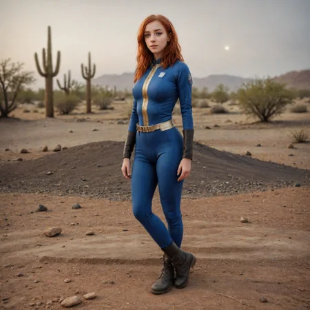 A full body photograph of a beautiful 20 year old red hair girl wearing a Vault Suit in a desert wasteland <lora:Fallout_Vault_Suit-000008:0.6> <lora:Perfect Hands v2:0.75> Perfect Hands, perfect face