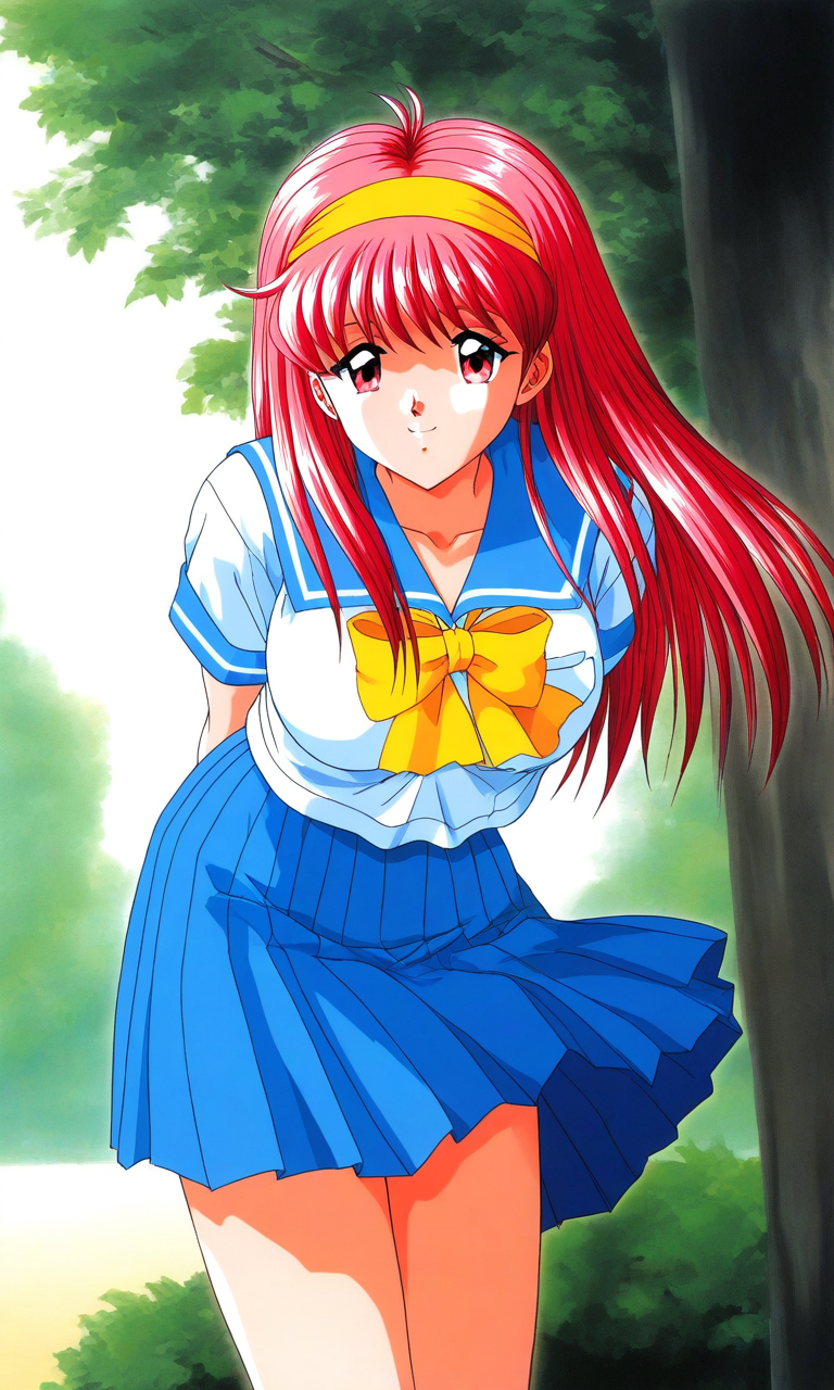 general,highres, ultra-detailed,very aesthetic,best quality ,best hands, BREAK <lora:Fujisaki_Shiori_Tokimeki_Memorial_Ver2.0_IS:1>
Fujisaki_Shiori(Tokimeki_Memorial), 1girl, solo, long hair, Yellow hairband, red hair, red eyes,pink hair, bangs, large breasts,
school uniform, skirt, serafuku, bow, yellow bow, arms behind back, summer costume,
smile, blue skirt, pleated skirt, blue sailor collar, short sleeves, white background, sailor collar, 
outdoor, tree,