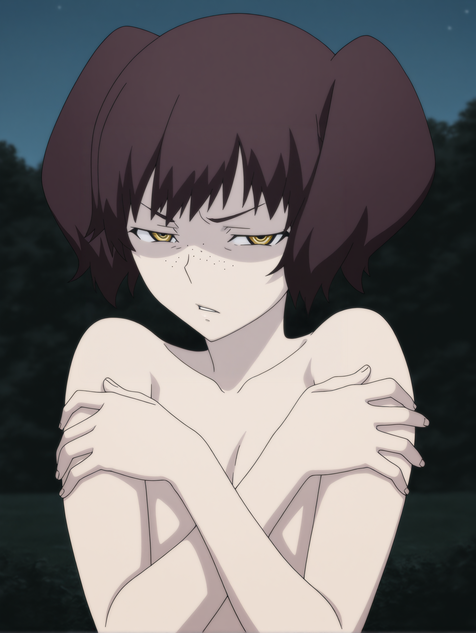 masterpiece,best quality,amazing quality
<lora:IL_åæ© ä½³æ:0.9>,IL_åæ© ä½³æ,1girl,solo,twintails,brown hair,short hair,yellow eyes,freckles
looking at viewer,half-closed eyes,disgust,completely nude,covering privates,parted lips
night,sky,outdoors