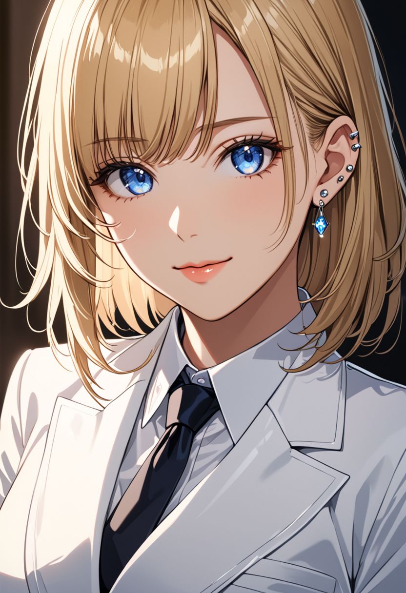 (anime, masterpiece, intricate:1.3), (best quality, hires textures, high detail:1.2), (4k),(incredibly detailed:1.4), perfect anatomy, correct sense of scale, side lighting, feminine body, shiny skin, graceful face, constricted waist, nice body, lips, Sexy mouth, high pointed nose, (nostrils:1.3), neatly drawn nose, 1woman, charming smile, gorgeous lips, blue eyes, white suit, tie, office lady, closed blouse, mini skirt, tights,  blonde bob hair, side bangs, medium breasts, ((piercing, two holes at the bottom of the ear, one at the top)) (best illumination, an extremely delicate and beautiful) 8k wallpaper, masterpiece, best quality, ultra-detailed, best shadow, volumetric lighting), (beautiful detailed face, beautiful detailed eyes) ,extreme details eyes, shiny skin, full body, ear piercing