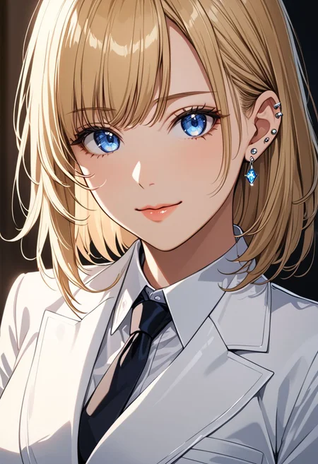(anime, masterpiece, intricate:1.3), (best quality, hires textures, high detail:1.2), (4k),(incredibly detailed:1.4), perfect anatomy, correct sense of scale, side lighting, feminine body, shiny skin, graceful face, constricted waist, nice body, lips, Sexy mouth, high pointed nose, (nostrils:1.3), neatly drawn nose, 1woman, charming smile, gorgeous lips, blue eyes, white suit, tie, office lady, closed blouse, mini skirt, tights, blonde bob hair, side bangs, medium breasts, ((piercing, two holes at the bottom of the ear, one at the top)) (best illumination, an extremely delicate and beautiful) 8k wallpaper, masterpiece, best quality, ultra-detailed, best shadow, volumetric lighting), (beautiful detailed face, beautiful detailed eyes) ,extreme details eyes, shiny skin, full body, ear piercing