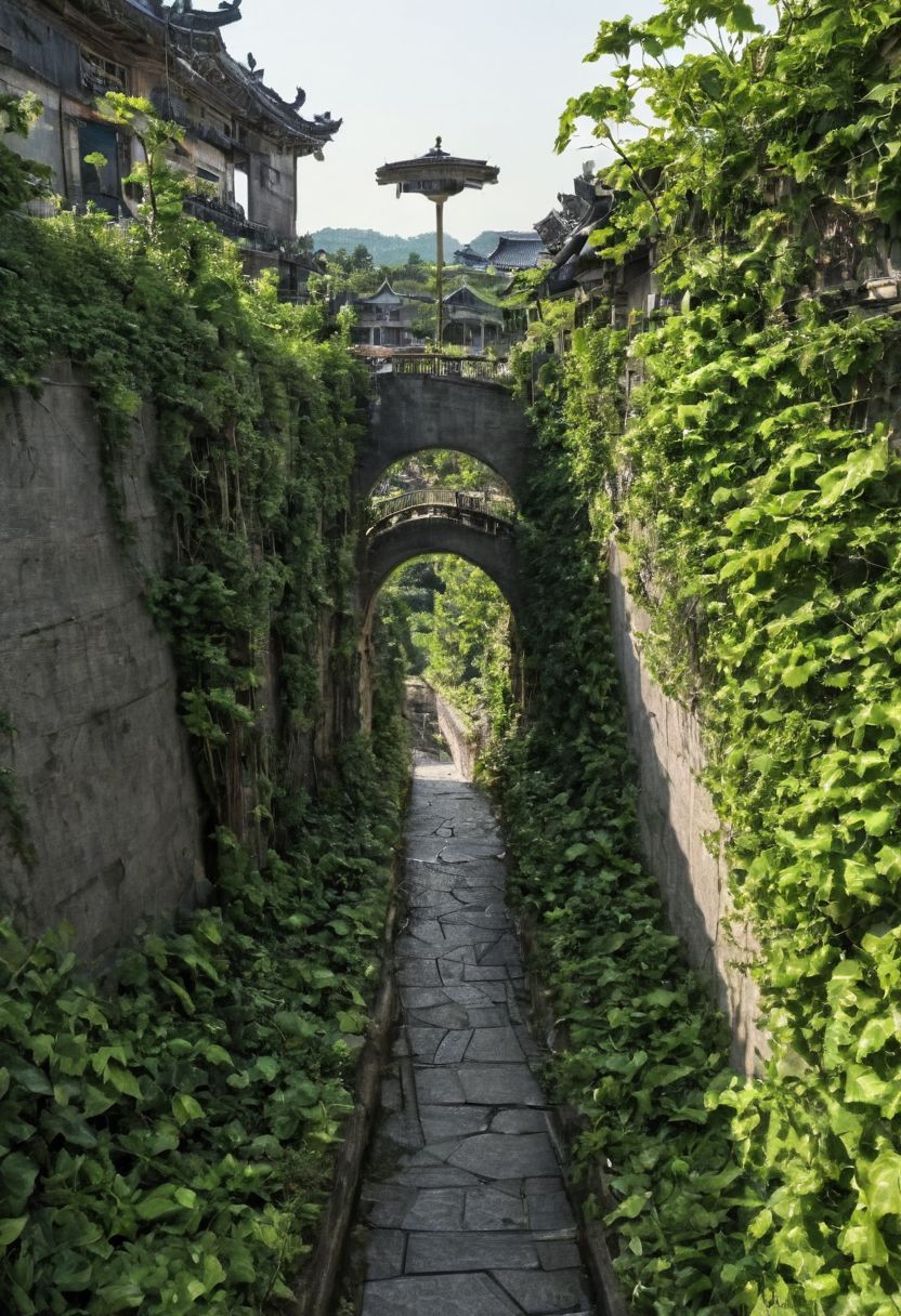 arafed view of a large crater with a walkway in the middle, real life totoro, beautiful hd, everything enclosed in a circle, hou china, pacal votan, looming over the earth, well - decorated, huge black round hole, ivy, solar, <hd, ad, top