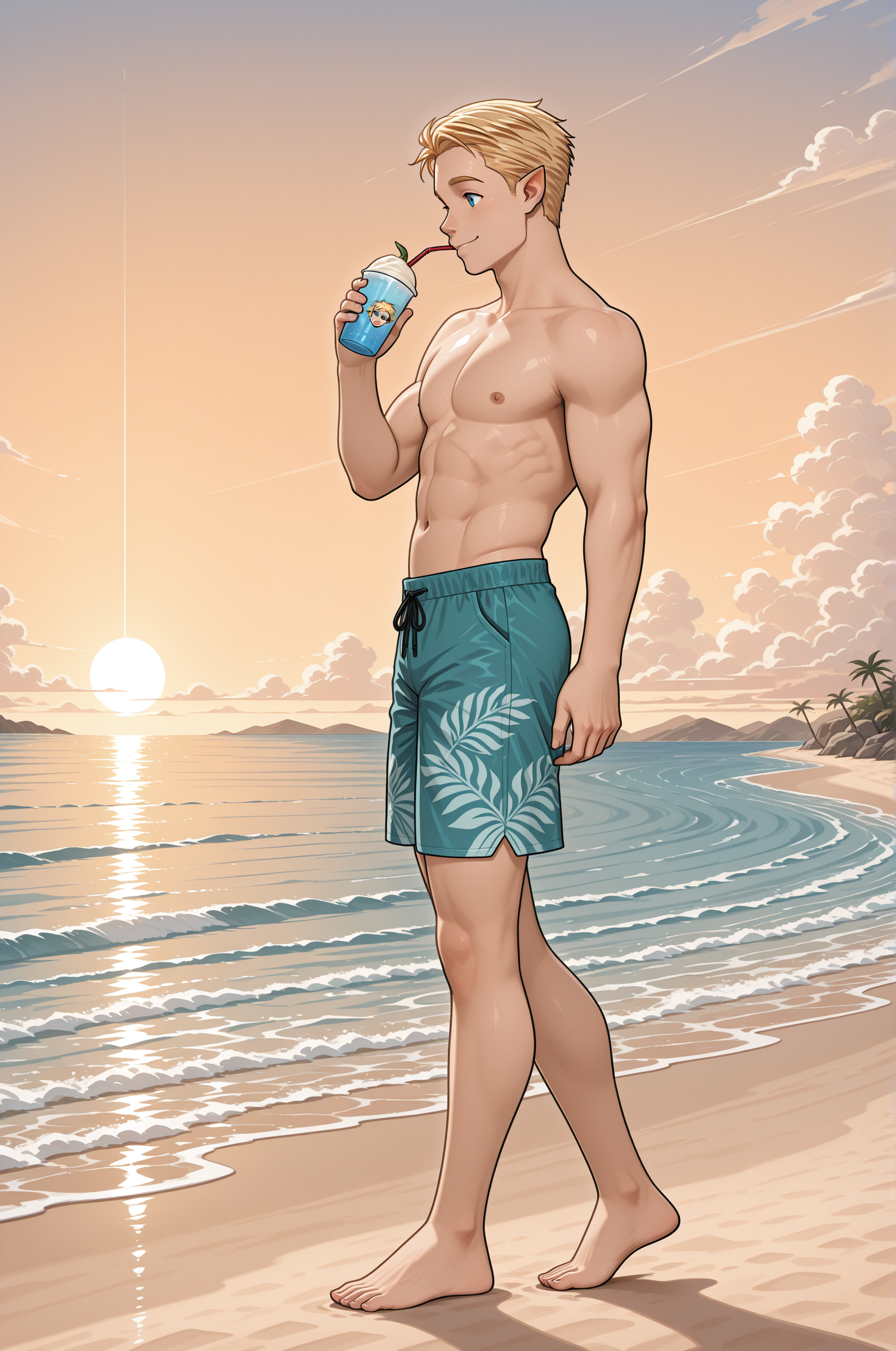 <lora:TyDecoy:1> 1boy, tydecoy, elf male, muscular, blonde hair, blue eyes, pointy ears,
smile, hawaïan swiming shorts, walking, (drinking smoothie:1.2), full body
beach, ocean, sunset, side view,, masterpiece,best quality,amazing quality,newest, absurdres, highres, detailed eyes, beautiful, perfect eyes, finely detailed face, very aesthetic,