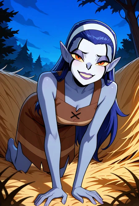 <lora:rookshar-10:1> rookshar, blue hair, colored skin, yellow sclera, long hair, 1girl, purple lips, white hairband, pointy ears, brown dress, sleeveless, , stripped dress, smile,  sharp canines, teeth, looking at viewer,  night time, isnide barn, holding torh, half closed eyes, seductive, on all fours, prone, hay, masterpiece, best quality, amazing quality, very aesthetic, absurdres, newest,