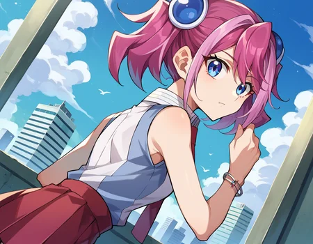 score_9, score_8_up, score_7_up, source_anime,
yuzuhiiragi, <lora:yuzu-hiiragi-ponyxl-lora-nochekaiser:1>,
yuzu hiiragi, blue eyes, hair ornament, medium hair, multicolored hair, pink hair, red hair, streaked hair, twintails,
bare arms, bracelet, collared shirt, jewelry, necktie, pleated skirt, red necktie, red skirt, shirt, skirt, sleeveless, sleeveless shirt, wing collar, two-tone shirt,
outdoors, cityscape, bent over,
looking at viewer, cowboy shot, dutch angle,