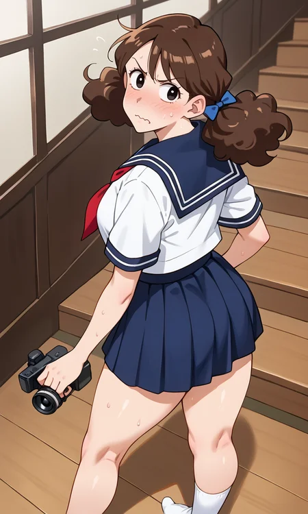(1girl:1.5), (solo:1.3), (score_9, score_8_up, score_7_up, score_6_up, score_5_up, score_4_up), (source_anime), rating_questionable, (portrait:1.5), full-face blush, indoors, resident Stairs, holding yellow video camera,
(nohara-misae), (black eyes, brown hair, medium hair, curly hair, voluminous hair, fluffy hair, big hair, parody hair), (large breasts, wide hips, thick thighs),
<lora:nohara-misae-misapi_v1:0.7> (curly low twintails:1.3), (blue hair bow, serafuku, blue sailor collar, red neckerchief, blue skirt, miniskirt, white socks), (looking away:1.5), (sweat:1.3), (looking to the side:1.3),angry, wavy mouth,
(looking at viewer, looking back, from behind:1.5), (from side:1.3), (from above:1.3)