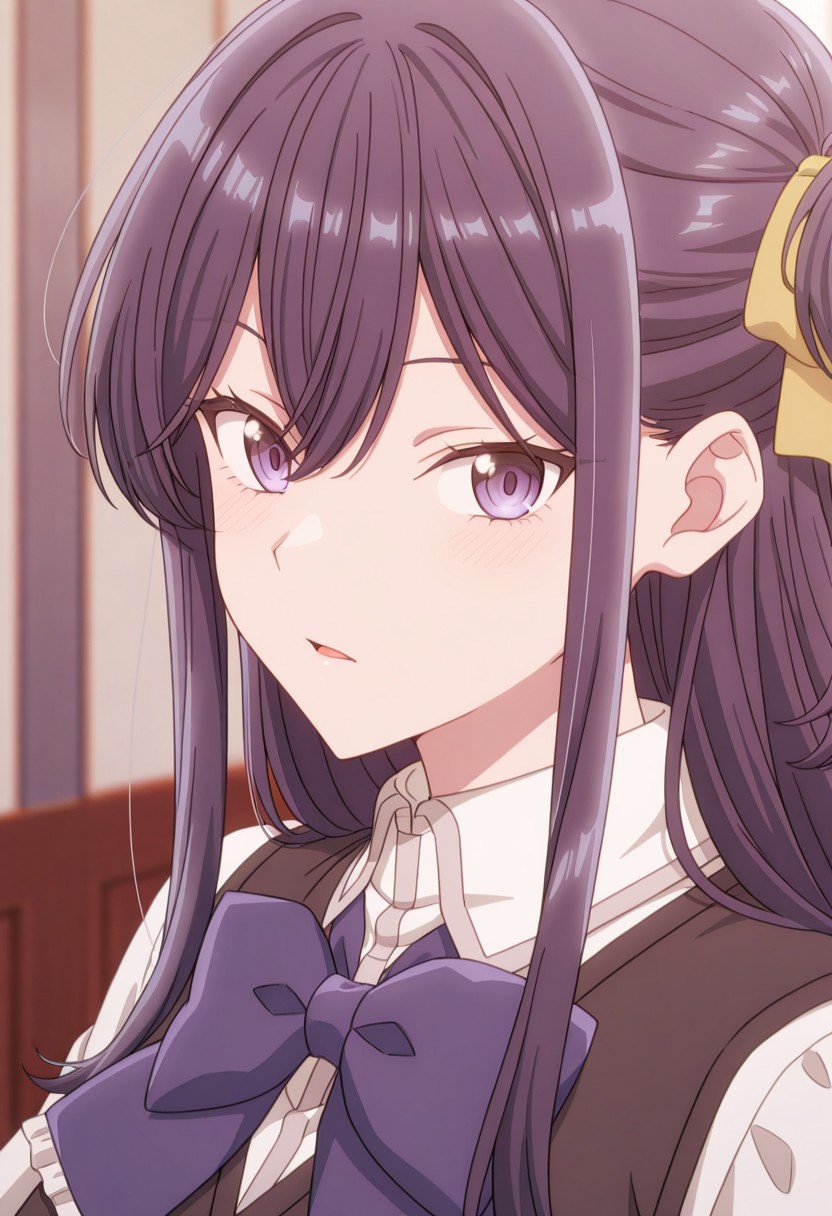 masterpiece, best quality, 32k, high resolution, absurdres, izumi shiho, portrait, bow, closed mouth, blurry background, indoors, bowtie, looking at viewer, open mouth, vest, anime coloring