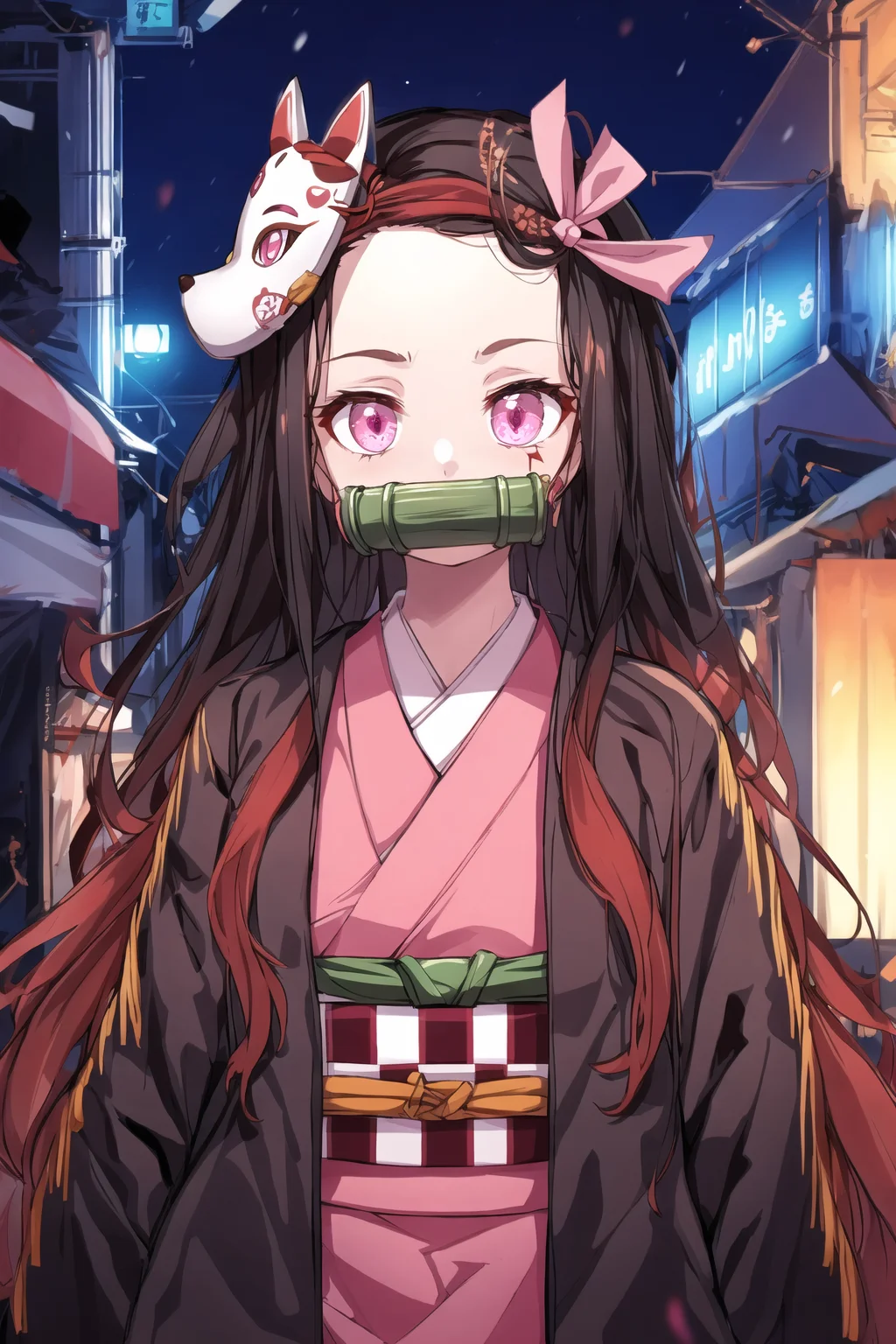 <lora:Nezuv1:0.6>, 1girl, bamboo, bit gag, black hair, brown hair, checkered, contemporary, forehead, fox mask, gag, hair ribbon, haori, jacket, japanese clothes, kamado nezuko, kamado tanjirou, katana, kimono, long hair, mask, mask on head, mouth hold, multicolored hair, night, orange hair, outdoors, pink eyes, pink kimono, pink ribbon, red hair, ribbon, scar on face, scar on forehead, sword, tengu mask, weapon