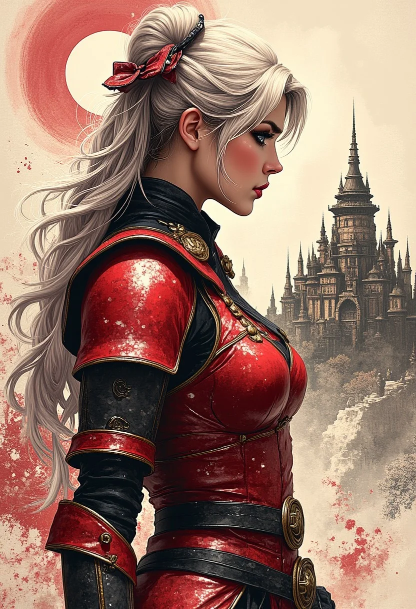 Inkplash art on rice paper, sepia, henna , Silhouette Art, magnificent, inksplash poster art, closeup portrait of a Japanese warrior woman in red and black leather samurai armour, bangs, sidelocks, loose flowing platinum hair, in front of edu-era castle