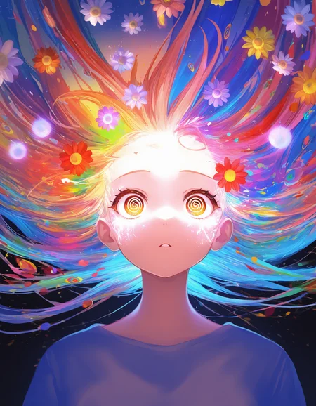 1girl, @_@, colorful, flower, surreal, glowing, staring, floating hair,