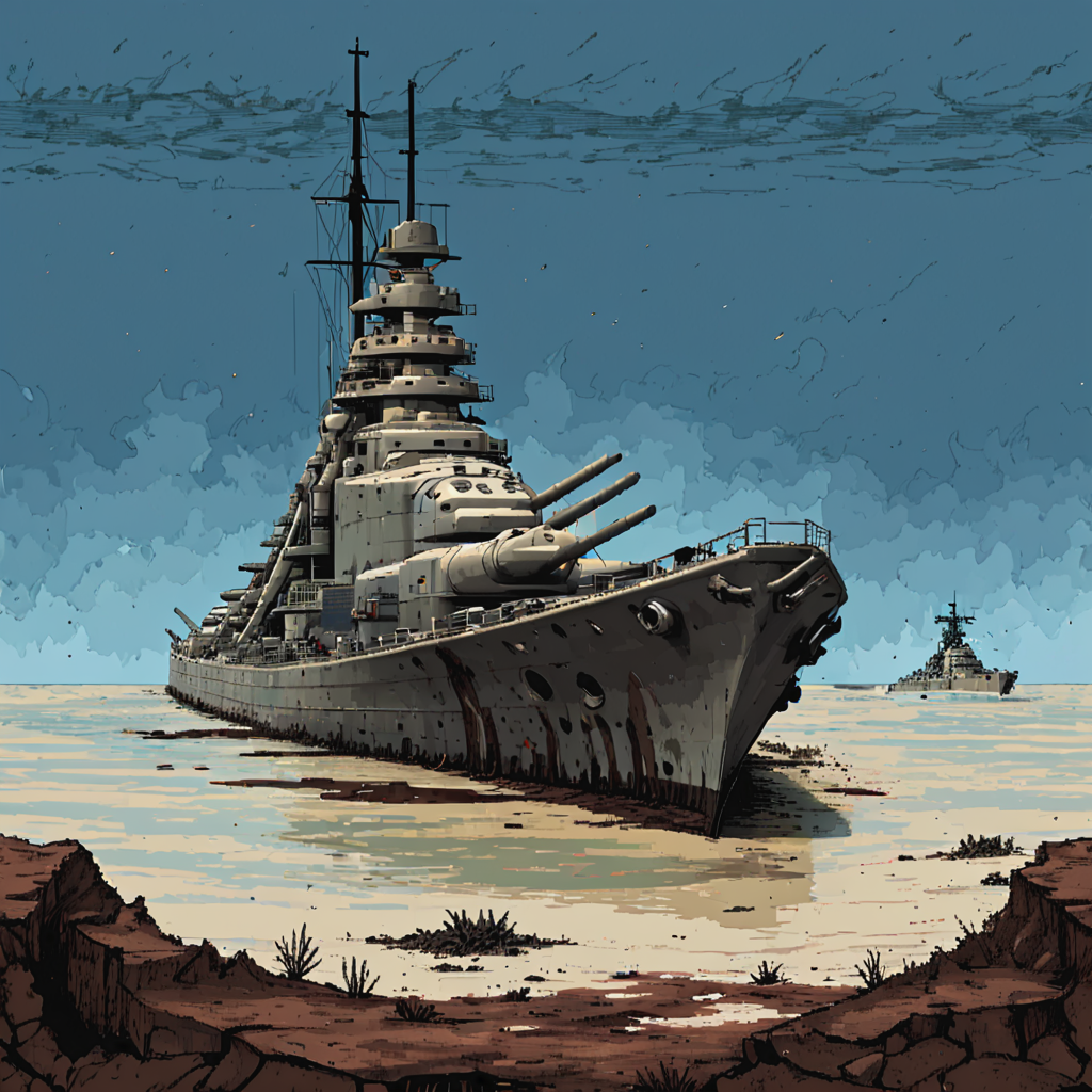 bsmrck battleship is sitting as a wreck on the ocean floor, sharks, submarine, mud, sand ((pulp_comic, heavy_lines, hand_drawn, hand_inked, hand_colored, apxlz))
