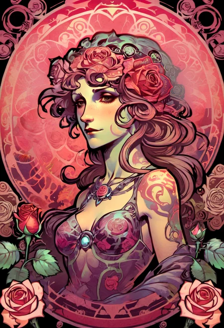 ccxl-mucha, art style, rose, Psychedelic art drdjns style, comic book artwork in dgst artstyle  <lora:ccxl-mucha_lora_vA1:0.75> <lora:drdjns:0.75>  <lora:SDXL1.0_Essenz-series-by-AI_Characters_Style_DarkestDungeonChrisBourassa-v1.1:0.95>