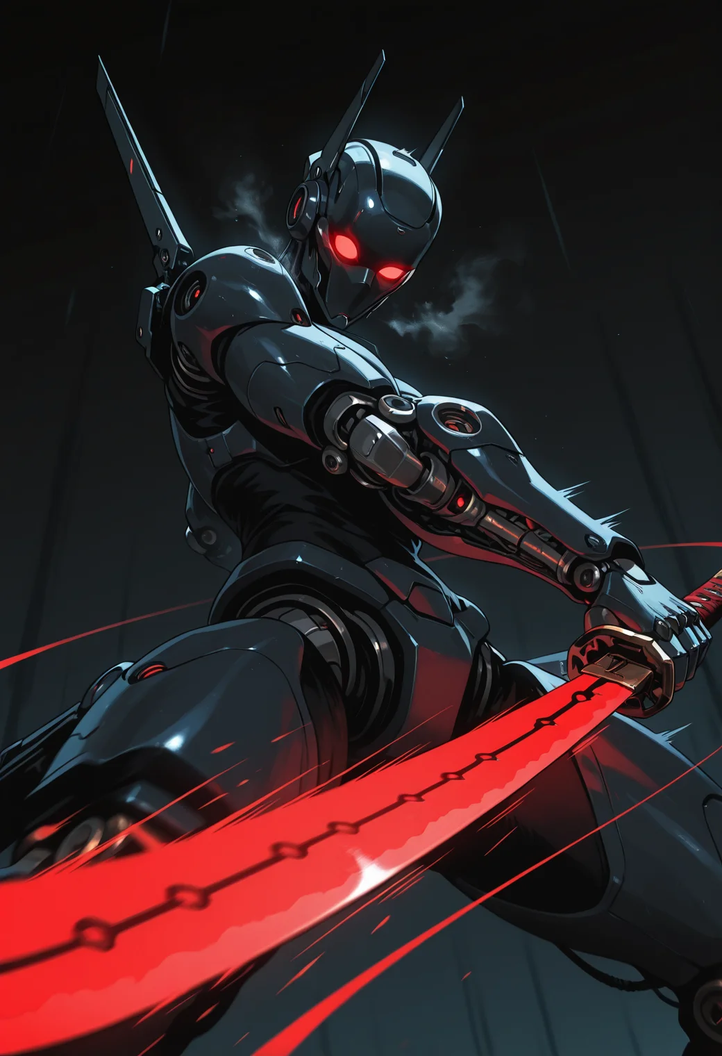 solo,
futuristic steaming_hot blade, red glowing katana, (dynamic pose:1.2), armored,
depth of field, blurry_foreground, motion blur, motion lines, energy lines, midair,
dimly lit, dramatic lighting, volumetric lighting, dark,
heat haze, mirage,
low angle, from below, imposing, dutch angle,, masterpiece, best_quality, amazing_quality, very_aesthetic, 8k, high_quality, highres, absurdres, subject_focus,, detailed eyes, perfect eyes, realistic eyes,, mechanical limbs, cyborg, cybernetic, futuristic, mechanical joints, robot,, 15546+456868, in the style of cksc, Sinozick_illu, <lora:114558v4df2fsdf5:0.25> <lora:ChronoKnight_Neurocore_Shadow_Circuit:0.25> <lora:Shiiro0_Sinozick:0.5>