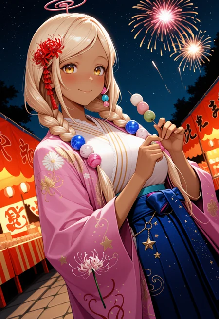 masterpiece, best quality, 1girl, solo, S4n4NwYrs, dark skin, yellow eyes, blonde hair, very long hair, low twin braids, planet hair ornament, limiter, kanzashi, hair flower, white kimono, pink haori, floral print, spider lily print, blue hakama skirt, star print, dango, holding dango, outdoors, night, starry sky, aerial fireworks, festival, smile, blush, looking at viewer, dutch angle, <lora:ChamTsukumoSanaNoob:1>