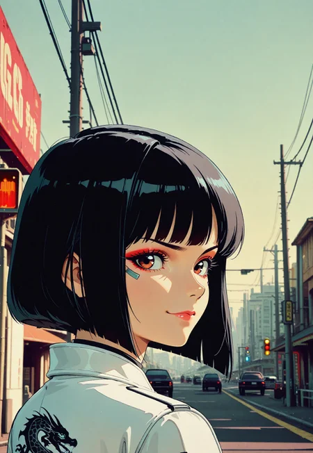 1girl, makeup, eyelashes, black hair, bob cut, white jacket with dragon print, >:), from behind, looking back at viewer, solo focus, outdoors, crossing, traffic light, utility pole, power lines, cyberpunk, portrait, close up, anime coloring, flat colors, scenery, no line art, no outline, depth of field, photo (medium),masterpiece, best quality, good quality, very awa, very aesthetic, absurdres, newest, sci-fi, illustration, retro,