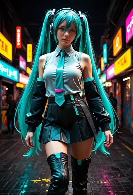 Photorealistic picture, depth of field, 1girl, Techwear fashion, looking at viewer, hatsune miku, aqua eyes, aqua hair, crossed bangs, hair between eyes, hair ornament, headphones, long hair, twintails, aqua necktie, black footwear, black skirt, black sleeves, boots, collared shirt, detached sleeves, grey shirt, necktie, pleated skirt, shirt, skirt, sleeveless, sleeveless shirt, thigh boots, tie clip, dynamic pose, colorful background, artistic background, splash of glowing paint, thrown paint, magical glow, futuristic, cyberpunk, urban, tactical, sleek, dark,
