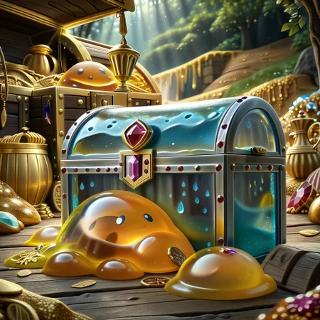 chalice made out of slime, fancy cup made out of slime, fancy chalice made out of slime, Detailed chalice made out of gold slime, Gem-studded slime chalice, multi-colored gems made out of slime, in a room of treasure made out of slime, gold coins and bars made out of slime, wood-like treasure chest made out of slime, wood-colored slime chest,
treasure-room, treasure, treasure chest, gemstone, coins, gold bars, gold pile,
everything made of slime, No simple background,
((translucent slime)), ((transparent slime)), (bioluminescent slime), sl1m3, slime, great lighting, even lighting, no bright spots,