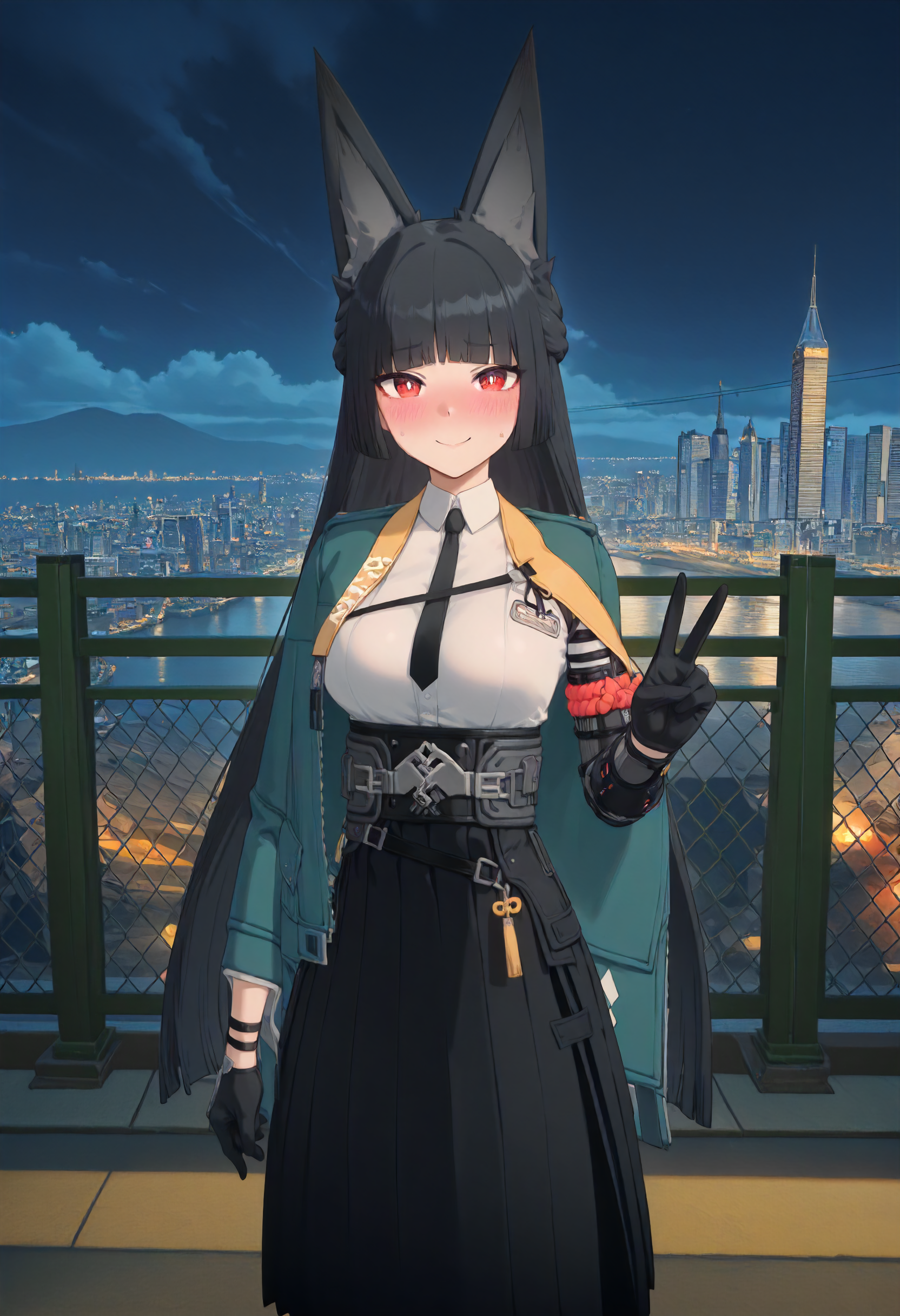 masterpiece, best quality, amazing quality, very aesthetic, absurdres, newest, scenery, volumetric lighting, perfect eyes, ultra detailed,
1girl, Hoshimi Miyabi, solo, black fox ears, black hair, bangs, long hair, red eyes, white pupils, 
green cape jacket, white shirt, black tie, belt, clasp, black gloves, long skirt, black skirt, open side skirt, pantyhose, black boots,
standing, looking at viewer, gentle smile, blushing, nervous smile, peace sign,
city, night sky, beautiful frame, backlighting,
<lora:Hoshimi_Miyabi_-_Zenless_Zone_Zero_ZZZ__Illustrious:1>
masterpiece, best quality, amazing quality, very aesthetic, absurdres, newest, scenery, volumetric lighting, perfect eyes, ultra detailed,