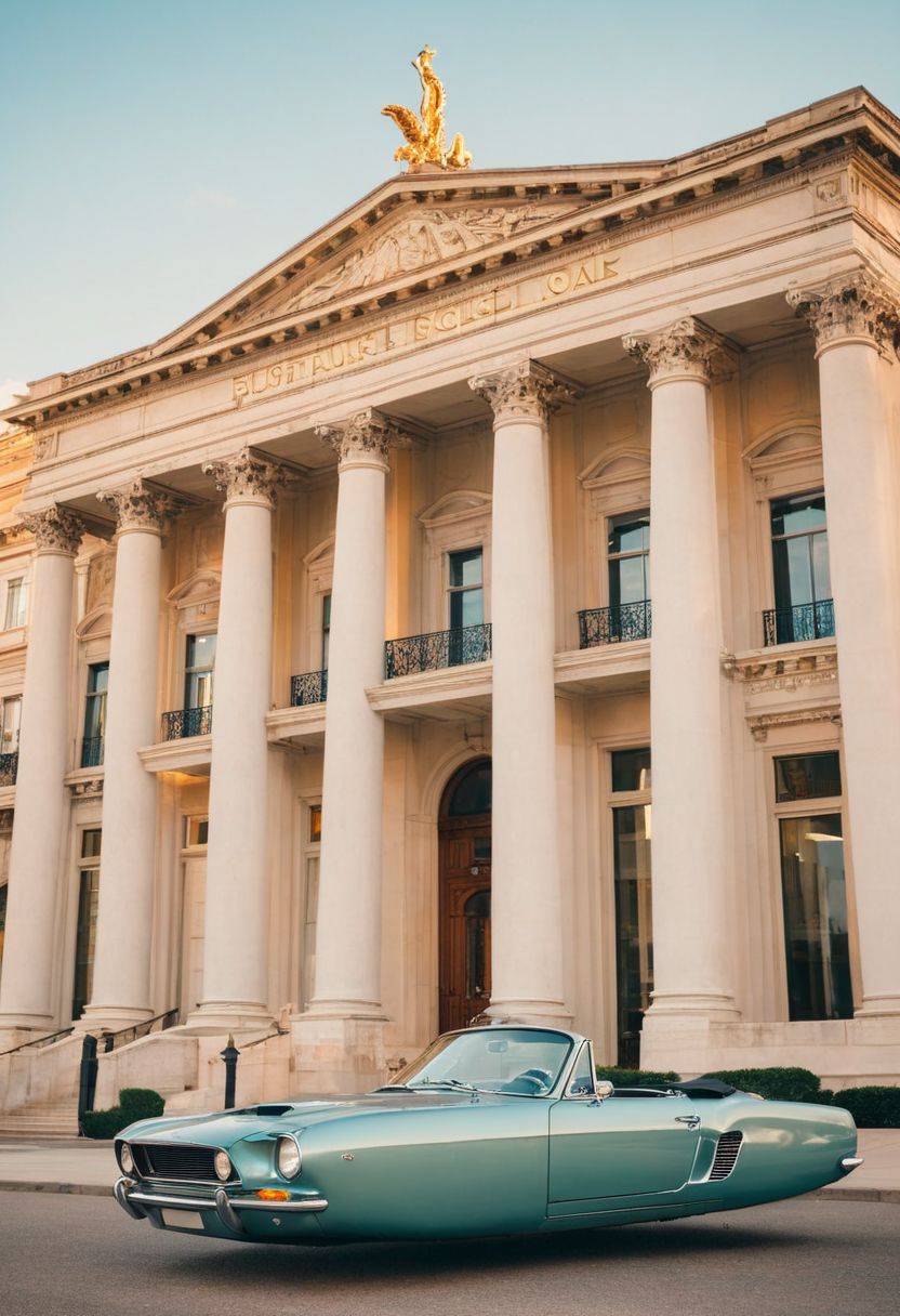 (low angle shot:1.4), an editorial photo of a 1960s (Mustang:0.6) and (Porsche Boxter:0.8) style Hovering_Car parked in front of a Neoclassical style building, highly detailed, retro futurism, clean lines, fine art photography, award winning photography, film grain,