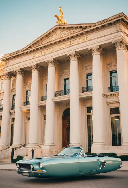 (low angle shot:1.4), an editorial photo of a 1960s (Mustang:0.6) and (Porsche Boxter:0.8) style Hovering_Car parked in front of a Neoclassical style building, highly detailed, retro futurism, clean lines, fine art photography, award winning photography, film grain,