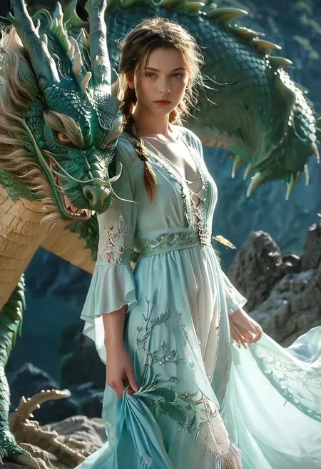 ((realistic,photorealistic, hyperrealistic)), full body shot, ((a beautiful slavic 26 year old pretty woman in felt torn night dress stay on the dragon's stone with her beautiful legs)), (The dragon is slowly crawling through the girl's body. the girl stares intently at the viewer and slowly confidently walks forward with the dragon. The camera slowly moves away from the girl), soft focus to all body, small breasts, pretty smile , sexy look, detailed skin face and eyes , natural mystic moonlight lighting , wavy golden-brown hair in a braids, film grain, low contrast, very beautiful natural slavic face , beautiful thin body, thin beautiful long legs, bright blue eyes, deep forest with ocean on background, moonlight