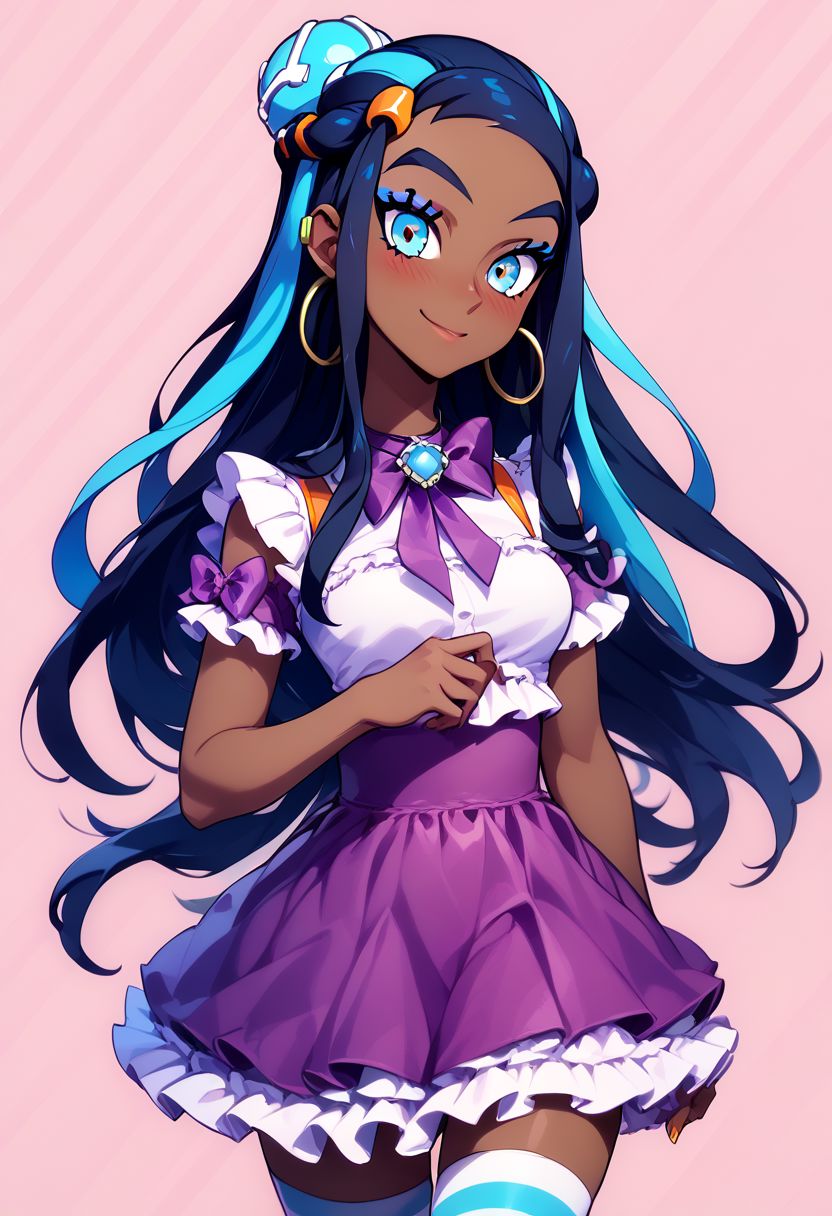 score_9, score_8_up, score_8, medium breasts, (curvy), cute, eyelashes,     
BREAK,
zzNessa, dark skin, makeup, multicolored hair, 
BREAK,
 closed mouth, alternate costume, smile, nail polish, looking at viewer, hand up, blush, 
zzLFashion, white frilled dress, frills, purple bow, dress, striped thighhighs,,
zPDXL,