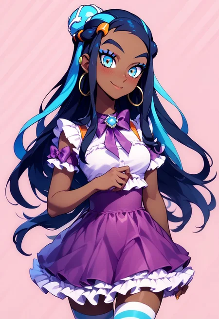 score_9, score_8_up, score_8, medium breasts, (curvy), cute, eyelashes,
BREAK,
zzNessa, dark skin, makeup, multicolored hair,
BREAK,
closed mouth, alternate costume, smile, nail polish, looking at viewer, hand up, blush,
zzLFashion, white frilled dress, frills, purple bow, dress, striped thighhighs,,
zPDXL,