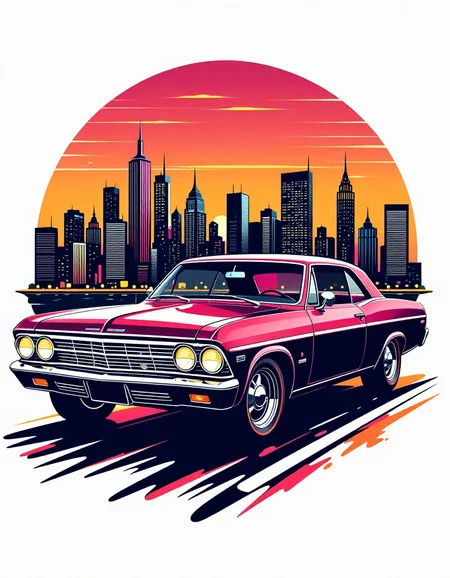 tshirt design, chevy impala hot rod, city skyline in the background, in the style of 5h1rt