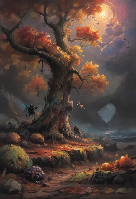 rainbow colors, colorful palette, autumn, close-up of mossy rotten tree and its roots with rotten fruits among them, fungal growth taking over, spores in the air, giant insects, leaves on the ground, evening, moody lighting, floating lights, extremely detailed, perfect composition, vibrant, hbao, extremely detailed, (perfect composition:1.2), superior color grading, (realistic:1.4), (panoramic composition:1.5), (evening photography:1.5), complementary colors, decaying atmosphere, vivid background, anime, magical fantasy, inspired by Maria Kreyn, negative space, cinematic, by Andreas Lie, Luke Gram, gorgeous light, midjourneyv6.1, painted world, style of Vincent van Gogh
