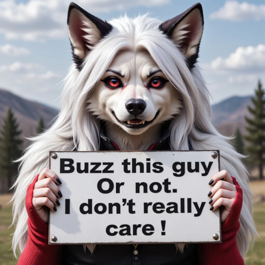 A very bored-looking female hellhound girl holding up a sign. The white-haired canine girl is Loona from Helluva Boss The text on the sign reads exactly as follows. “Buzz this guy. Or not. I don’t really care.”