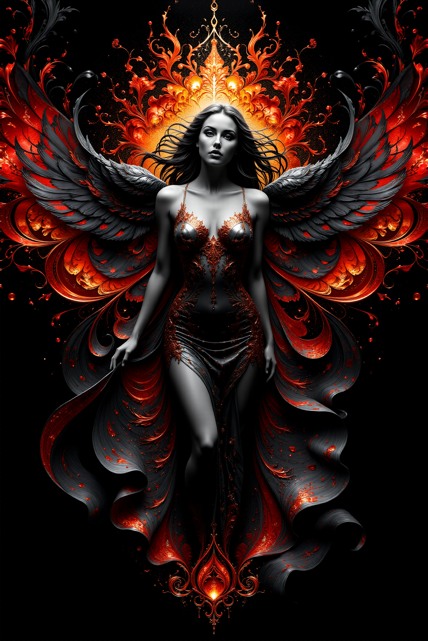 <lora:AISIL_style:1.0> AISIL style digital artwork with intricate and vibrant background.
A celestial woman, wearing intricate dress. Hyperdetailed. Black and gray with fiery red accent color scheme.