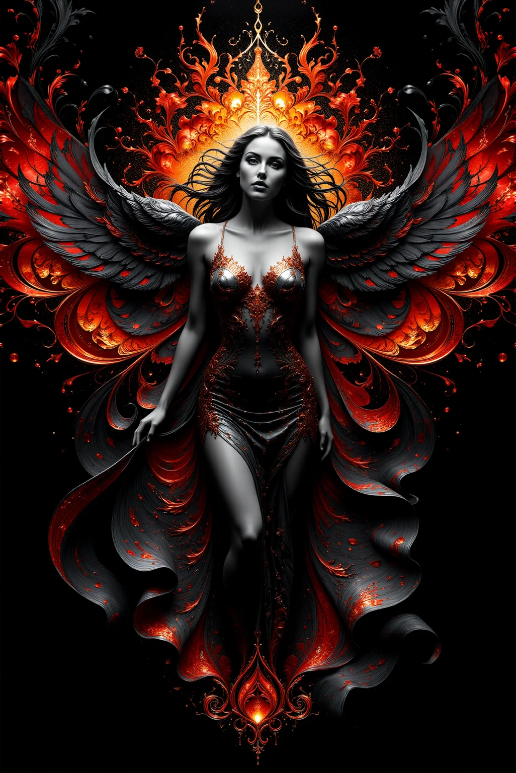 <lora:AISIL_style:1.0> AISIL style digital artwork with intricate and vibrant background.
A celestial woman, wearing intricate dress. Hyperdetailed. Black and gray with fiery red accent color scheme.