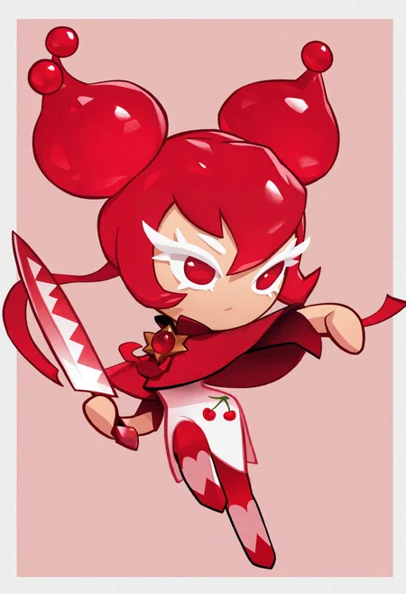 masterpiece,best quality,amazing quality,
crk1styl111,<lora:lycoris:1>,(chibi:1.4),colored eyelashes,white eyelashes,dynamic pose,solo,full body,simple background,red hair,(red theme:1.1),
girl,twintails,cherry print,(cherry girl:1.1),long hair,red eyes,border,cherry background,brooch,capelet,holding knife,