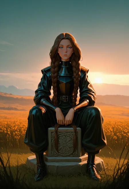 golden hour shot of concept art masterpiece, best quality, amazing quality, very aesthetic, <lora:zabava:1> zabava, 1girl, long hair, solo, brown hair, blue eyes, very long hair, twin braids,mature female,
<lora:nikifilini:1> nikifilini, looking at viewer, loose hair, bored,
a painting of a knight in a field of flowers, by Donato Giancola, low detail, edgar maxence and ross tran,( dark leather armor:1.3), guweiz, (sworld:1.2), epic , Middle Ages, full bodym evening, sitting on stone throne, grass, nature <lora:illustrious_quality_modifiers_masterpieces_v1:0.6> masterpiece, very aesthetic, absurdres <lora:illustrious_noobai_epsilon_pred_1_best_quality_v1:0.6> masterpiece, best quality, very aesthetic, absurdres . digital artwork, illustrative, painterly, matte painting, highly detailed. Warm light, sunset/sunrise, magical, serene