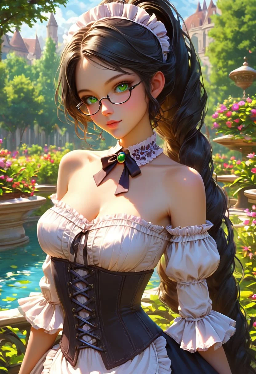 score_9,score_8_up,very aesthetic, semi realistic, OverallDetail,
very aesthetic, semi realistic, solo,1girl, cute, pretty, perfect body, petite, sexy, bare shoulder, Tilt head, skinny, head tilt, large breast, black hair, long straight hair, ponytail, Victorian maid outfit, corset, green eyes, fantasy, cleavage, square glasses,
outdoor, mansion, gardens,