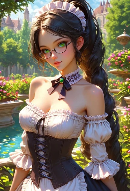 score_9,score_8_up,very aesthetic, semi realistic, OverallDetail,
very aesthetic, semi realistic, solo,1girl, cute, pretty, perfect body, petite, sexy, bare shoulder, Tilt head, skinny, head tilt, large breast, black hair, long straight hair, ponytail, Victorian maid outfit, corset, green eyes, fantasy, cleavage, square glasses,
outdoor, mansion, gardens,