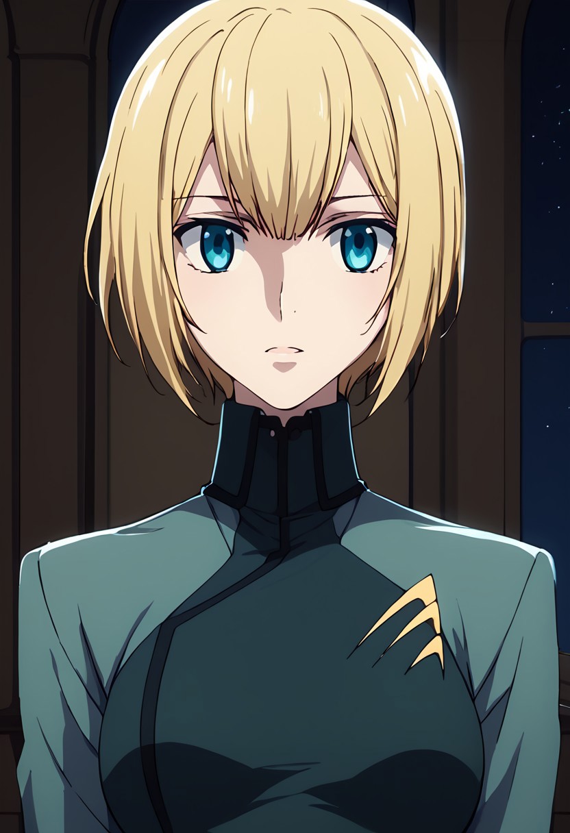 score_9, score_8_up, score_7_up, at room. Indoor,,night view, moonlight,female,louise halevy, blonde hair, blue eyes, military uniform,