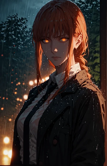 style of chainsaw man,<lora:Expressive_H-000001:0.8>,<lora:modern_anime_screencap_v1_0:0.8>,source_anime,score_9,score_8_up,score_7_up,score_6_up,dark theme,dark background,low light,black background,looking at viewer,upper body,close-up,
1girl,solo,<lora:age_slider_v4:2>,adult,tall female,long hair,bangs,pale skin,medium breasts,looking at viewer,white collared shirt,buttons,black necktie,yellow eyes,orange hair,makima \(chainsaw man\),glowing eyes,black coat,night,facing viewer,standing,(half-closed eyes:0.8),light frown,rain,wet,depth of field,