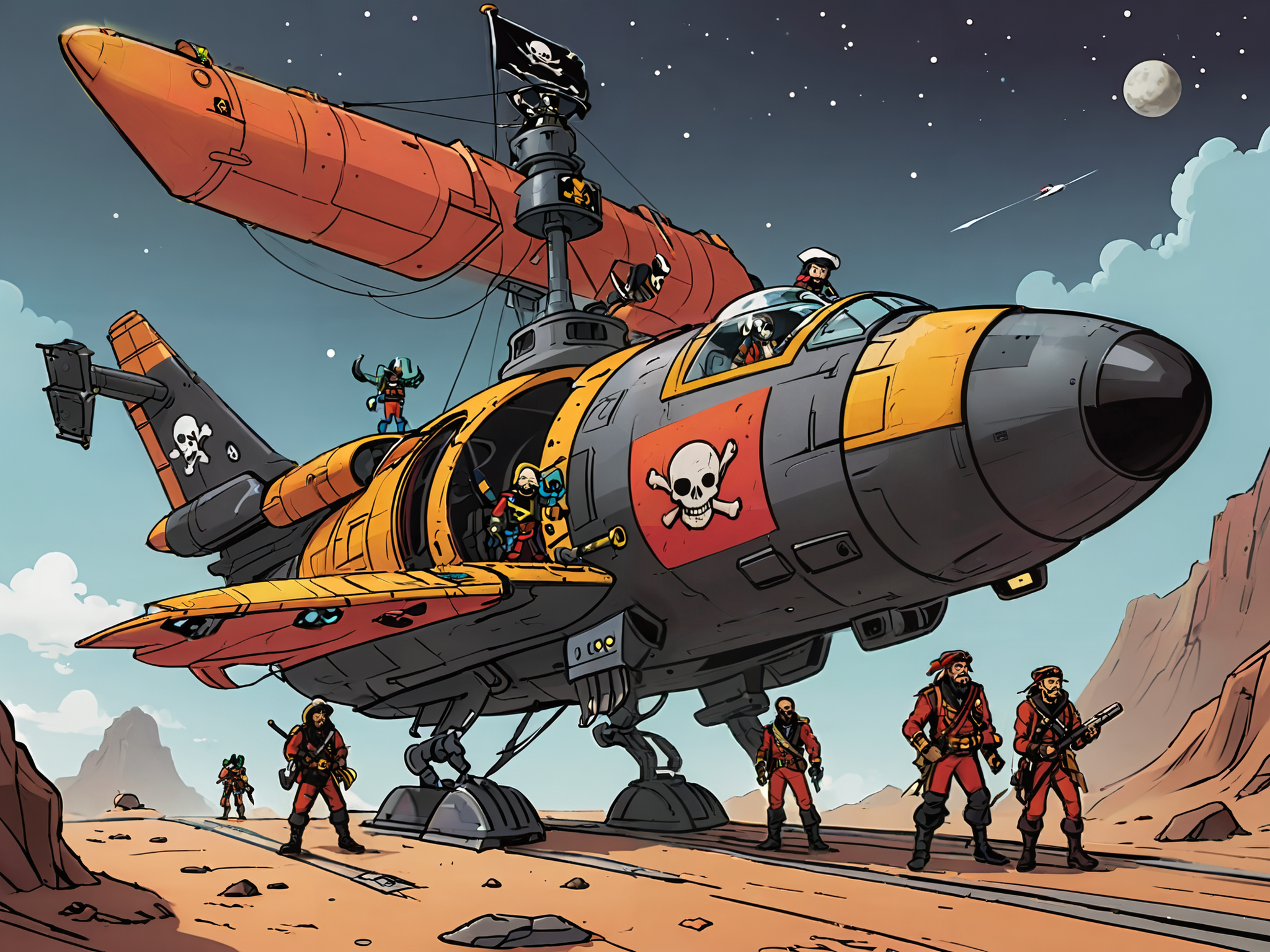 space pirates boarding a spaceship, jolly roger ,   vivid colors, flat colors    <lora:extremely_detailed:-1> <lora:Cartoon_SDXL_V2-fixed:0.8>cartoon <lora:MJ52:0.2>
