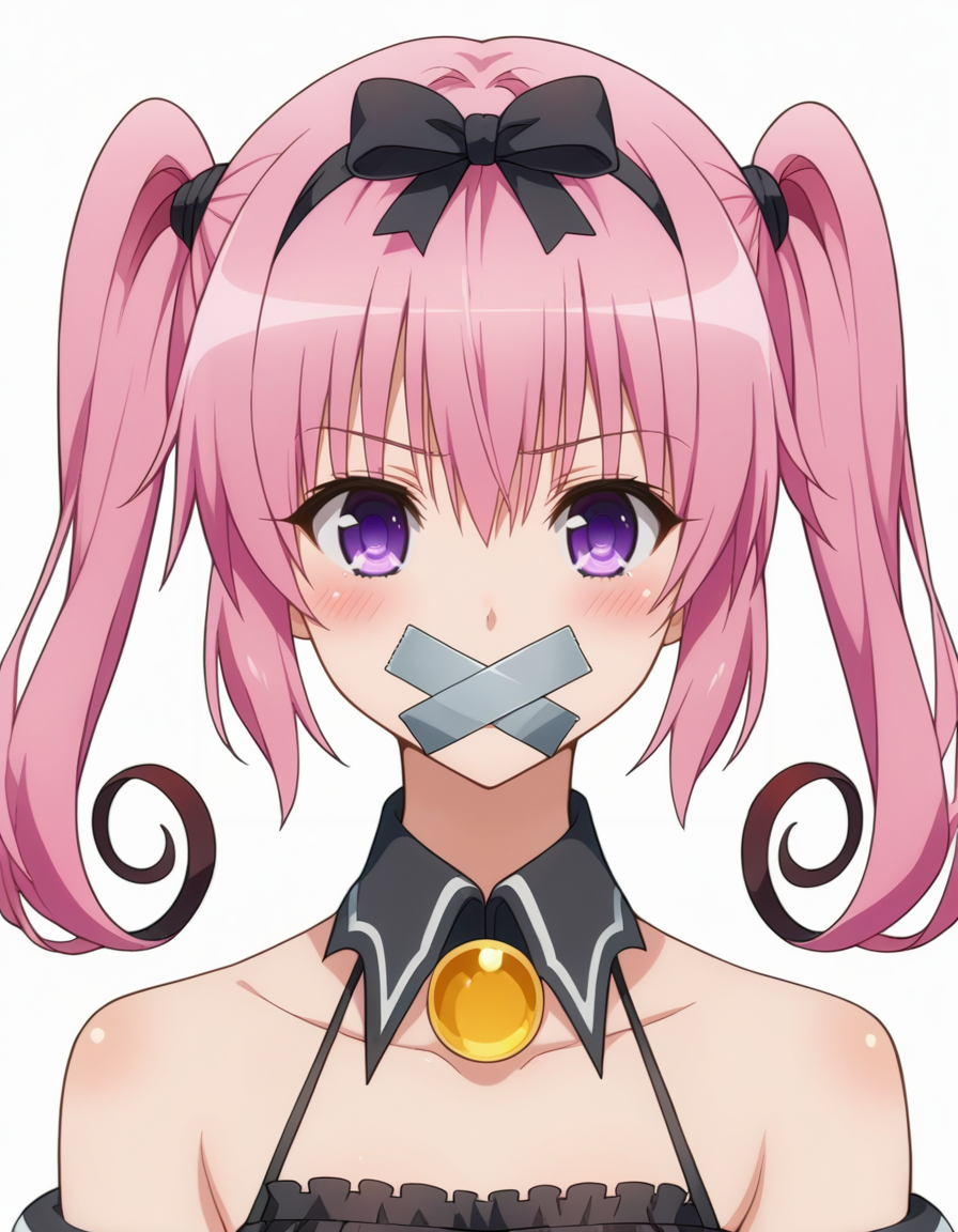 score_9, score_8_up, score_7_up, (source_anime:1.4), BREAK, colorful, 1girl, solo,  <lora:X-tapegag:0.8>, x-tape, tape gag, <lora:nanadevilXLPonyV1:0.9>, nanadevil, nana asta deviluke, long hair, twintails, purple eyes, tail, pink hair, hair ribbon, detached collar, jewelry, bare shoulders, multicolored clothes, detached sleeves, striped thighhighs, portrait, close up, blush